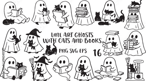 Whimsical Bookworm Ghost and Kitten Illustration Set.