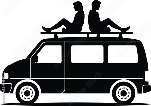 Black silhouette vector illustration of two people sitting on the roof of a camper van during a summer trip