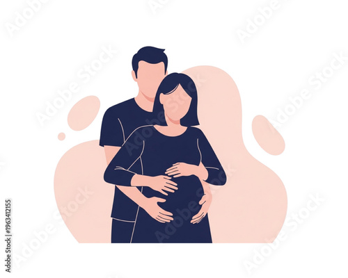 Minimalist Vector Illustration of Expectant Parents, Husband Embracing Pregnant Wife Touching Baby Bump, Concept of Family Support, Maternity Care, Love and Togetherness during Pregnancy Journey