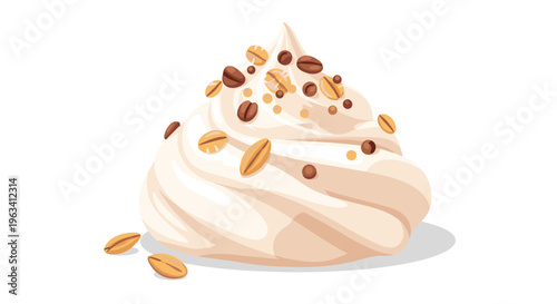 A large conical swirl of white cream is generously garnished with oat flakes, coffee beans, and chocolate chips on a white background.