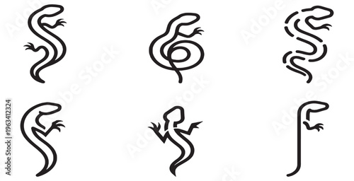 Collection of stylized line art illustrations of lizards and salamanders in various poses.