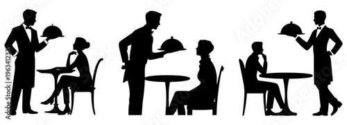 Silhouette of a restaurant food server walking with a tray on a white background, Restaurant silhouette vector