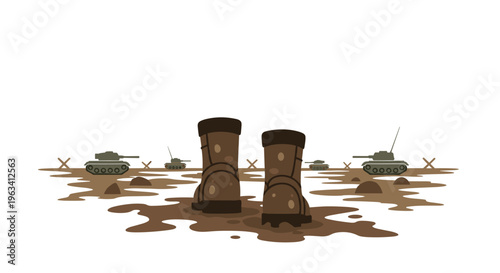 A pair of muddy brown military boots stands in a mud puddle with distant tanks and barbed wire fences on a white background.