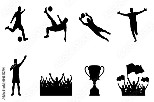 Soccer Player Action Silhouettes – Vector Set of Kicking, Bicycle Kick, Running, Sliding, and Passing for Football and Sports Design