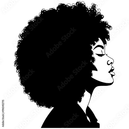 A black silhouette of a woman with an afro isolated on transparent background, Vector
