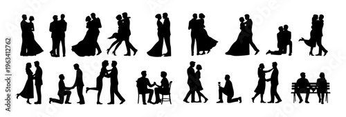 Set of romantic couple silhouettes vector in various poses including dancing and walking. Vector illustration of love wedding and relationship concepts for valentines