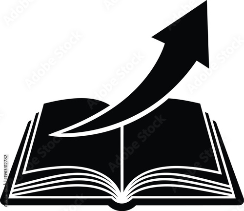 Vector illustration of open book with upward arrow symbolizing growth and learning
