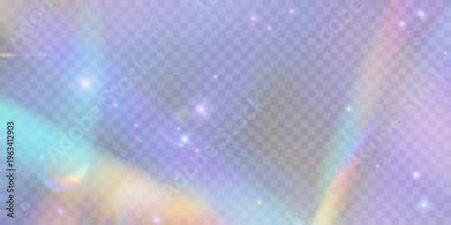 ainbow light prism effect, transparent blue background. Hologram reflection, crystal flare leak shadow overlay. Vector illustration of abstract blurred iridescent light backdrop