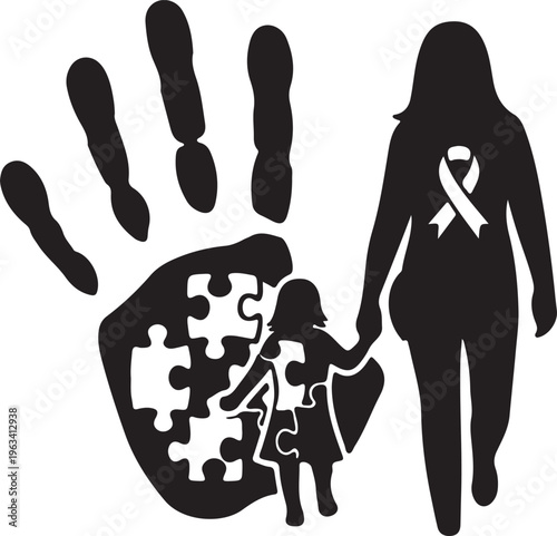 Black and white illustration of a handprint made of puzzle pieces, a child, and a mother with a ribbon, symbolizing autism awareness and support.