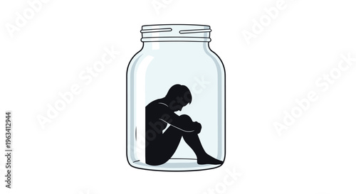 A dark silhouette of a person is curled up inside a clear glass jar on a plain white background.