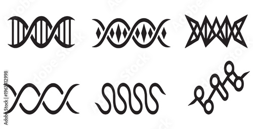 Collection of stylized DNA helix icons representing genetic science and biotechnology.
