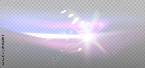 Rainbow light prism effect, transparent blue background. Hologram reflection, crystal flare leak shadow overlay. Vector illustration of abstract blurred iridescent light backdrop