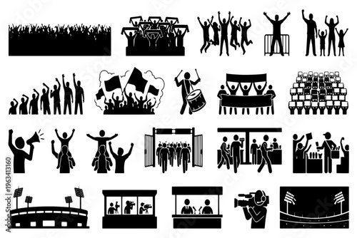 Soccer Fans and Stadium Crowd Icons – Vector Set of Cheering Supporters, Stadium Scenes, and Event Activities for Sports Design