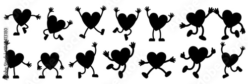 Collection of playful heart characters with arms and legs, silhouette of dancing and jumping hearts for valentine, heart, character, dancing, jumping, happy, fun, playful, silhouette, love