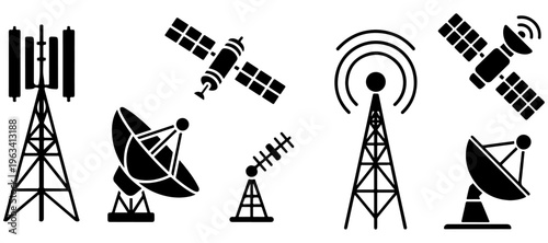 Set of space and telecommunication technology icons, silhouette of a satellite and radio transmission tower, satellite, communication, technology, space, signal, tower, antenna, broadcast, wireless