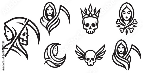 Collection of stylized gothic icons featuring grim reapers, skulls, and mystical symbols.
