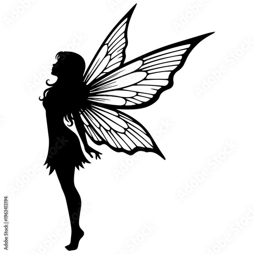 A black silhouette of a fairy with large wings isolated on transparent background, Vector