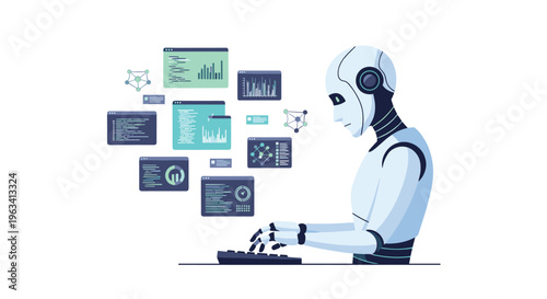 A white humanoid robot with blue accents is typing on a keyboard surrounded by floating digital screens.