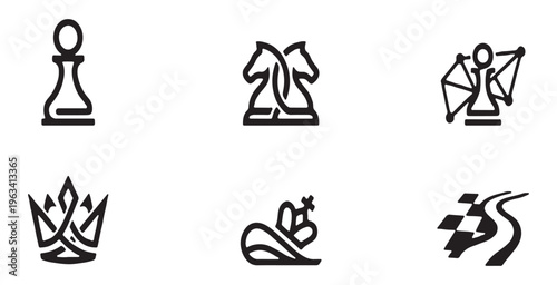 Collection of stylized chess piece icons and symbols, including a pawn, knights, queen, and crown.