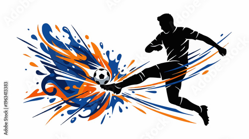 Dynamic Soccer Player Kicking Ball with Abstract Paint Splash Illustration