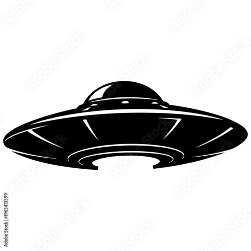 A black and white image of a flying saucer isolated on transparent background, Vector