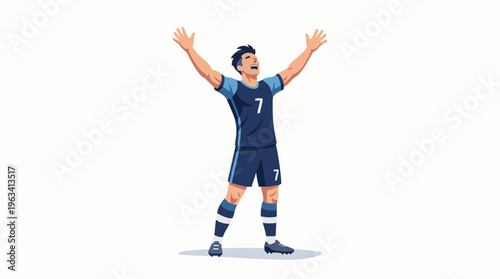 Joyful soccer player celebrating a triumphant victory; isolated vector illustration of elation