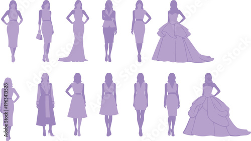 Collection of purple female silhouettes wearing various fashion outfits including evening gowns business suits summer dresses and bridal wedding wear for style and beauty concept