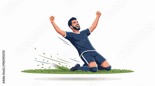 Energetic male athlete celebrates triumphant sports victory with a jubilant slide on the green playing field