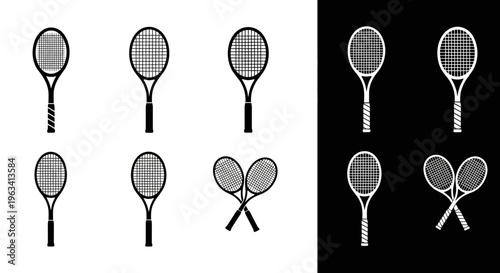 Tennis Racket Icons Set Black and White Vector Illustration