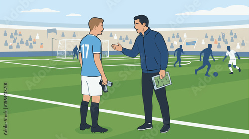 Soccer coach instructs young player on the sidelines during a professional match, demonstrating tactics and strategy