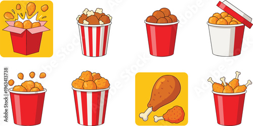 Fried chicken bucket and fast food collection with crispy nuggets, popcorn chicken and drumsticks, takeaway meal illustration set isolated on white background