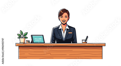 A smiling female receptionist in a black business suit is standing behind a wooden reception desk.