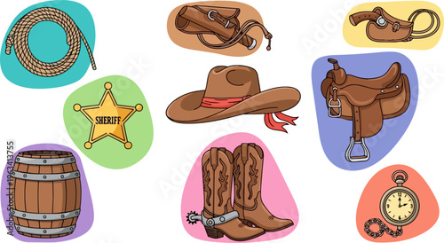 Western, cowboy icons, vector set, 8 elements, brown, colorful
