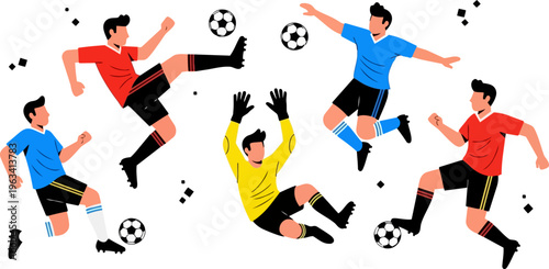 Soccer players, football illustrations, kicking balls, sports icons, athletic actions