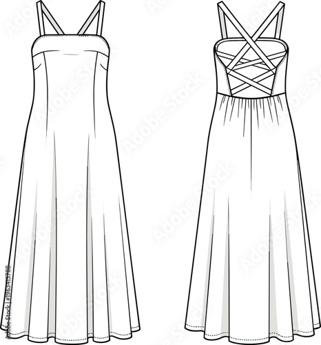 Fashion technical sketch of a sleeveless maxi dress featuring a straight neckline princess seams and an elegant crisscross lace up open back detail