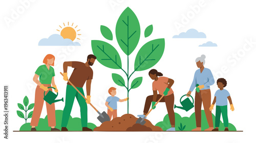 Diverse community and family members planting a tree together, promoting environmental care and sustainable development for a greener future
