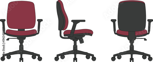 Three views of burgundy and black ergonomic office chairs showing front side and back for workplace furniture design home office equipment and professional seating
