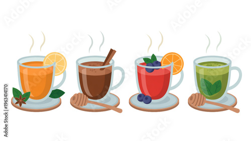 Colorful assortment of five refreshing beverages in glasses with straws isolated on transparent background