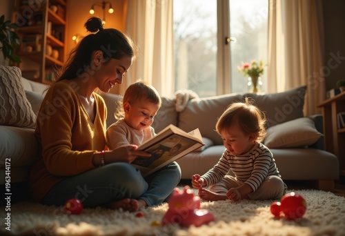 Cozy Home Scene of Mother Reading Magazine with Playful Children Nearby in Warm Living Room