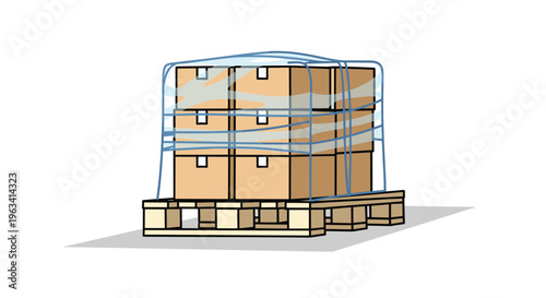 Six cardboard boxes are shrink-wrapped on a wooden pallet against a white background.