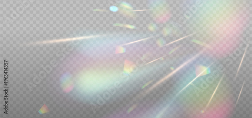 Rainbow reflection light prism effect with blue blur sparks on light background. Hologram glass dispersion, crystal flare leak shadow overlay. Vector transparent illustration