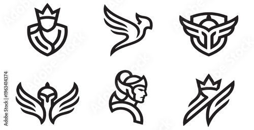 Collection of six minimalist line art logos featuring crowns, shields, and mythical creatures.