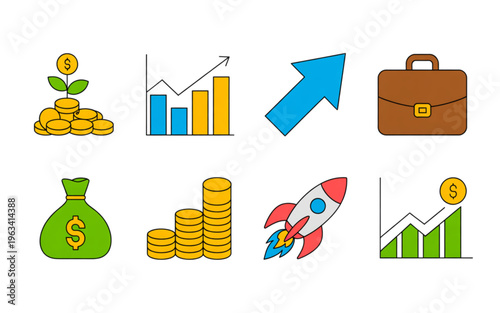 Illustrated icons representing various economic and financial concepts isolated on transparent background