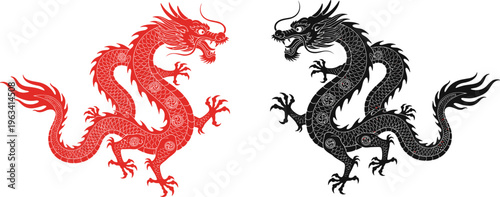 Vector illustration set of red and black Chinese dragons in traditional oriental style for lunar new year tattoo design and asian culture festival concept