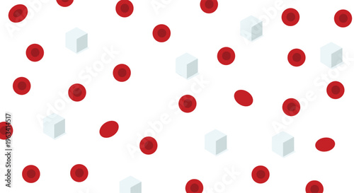 Red blood cells and white sugar cubes are scattered randomly on a pure white background.