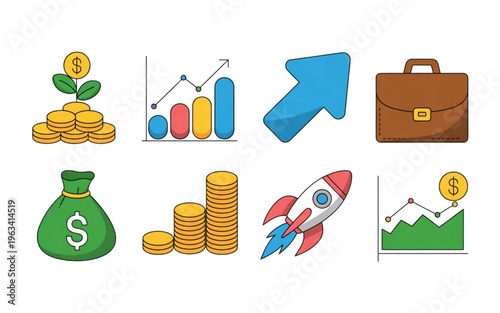 Collection of icons representing various financial and business concepts isolated on transparent background
