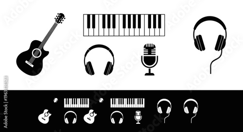 Set of Musical Instrument Icons Including Guitar Piano Microphone and Headphones