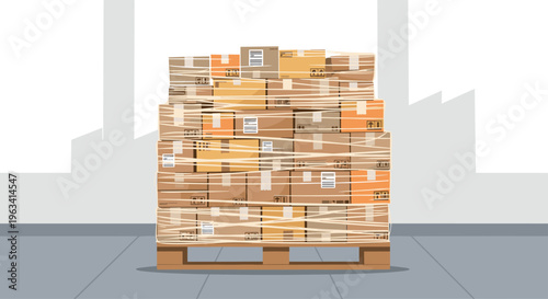 A tall stack of shrink-wrapped cardboard boxes rests on a wooden pallet against a grey wall.