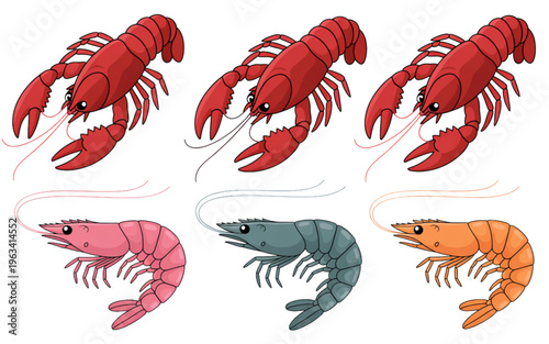 Vibrant illustrations of cooked crustaceans in various orientations isolated on transparent background