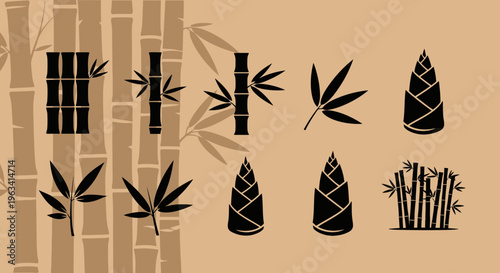 Bamboo Plant Icons Set with Shoots and Leaves